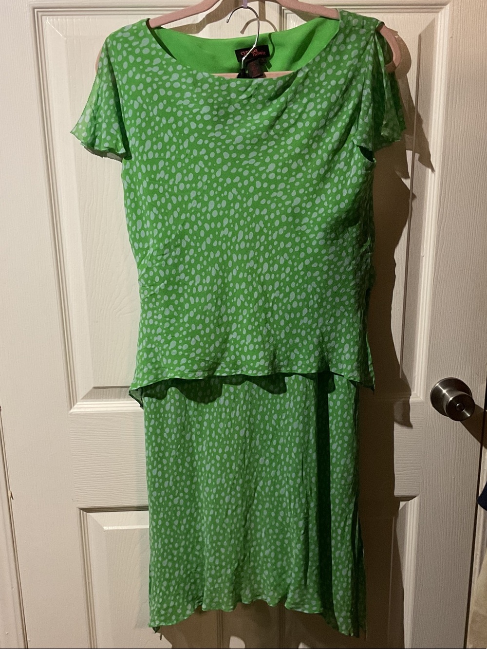 Vintage Cynthia Howie 100% SILK Women’s Green Bias Cut Polka Dot Skirt Set